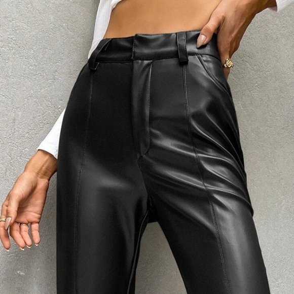 minimalist faux leather leather slit hem flare leg pants black - Picture 4 of 6